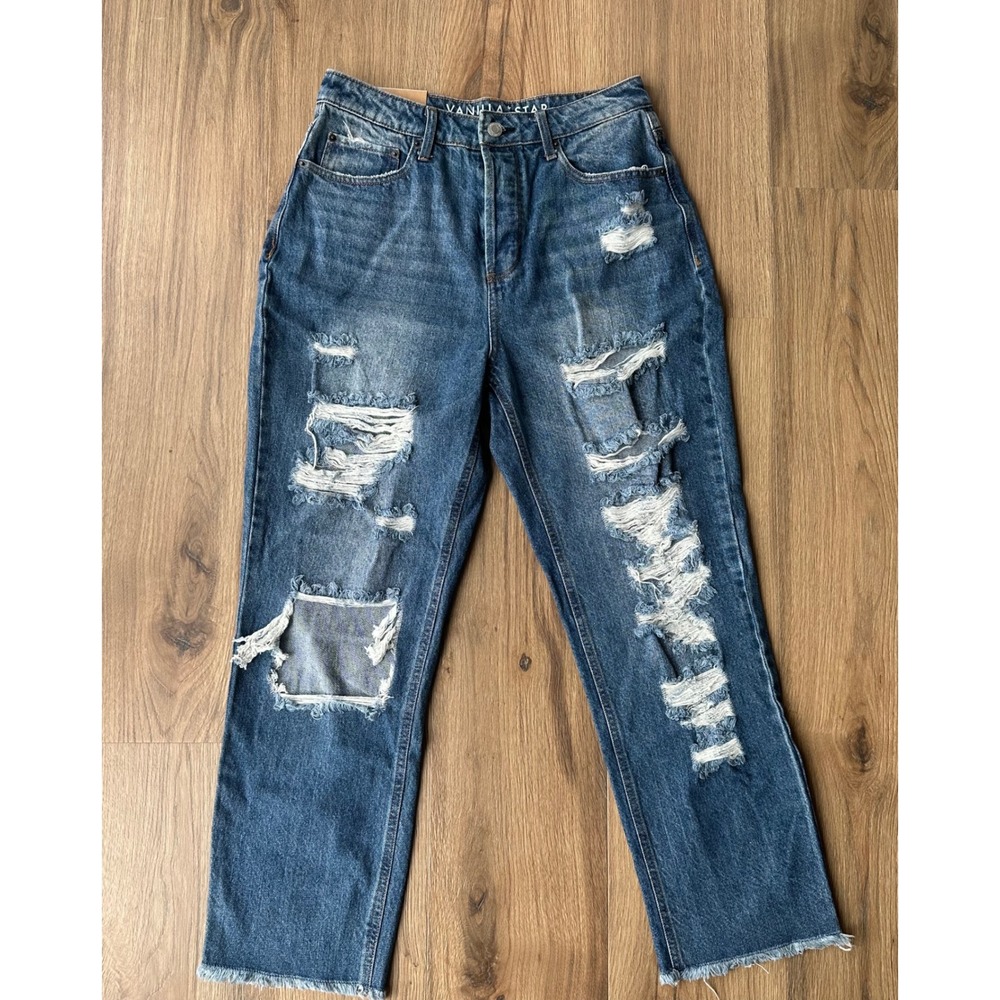90s Boyfriend Jeans Distressed High Rise Straight Leg Blue Size 9